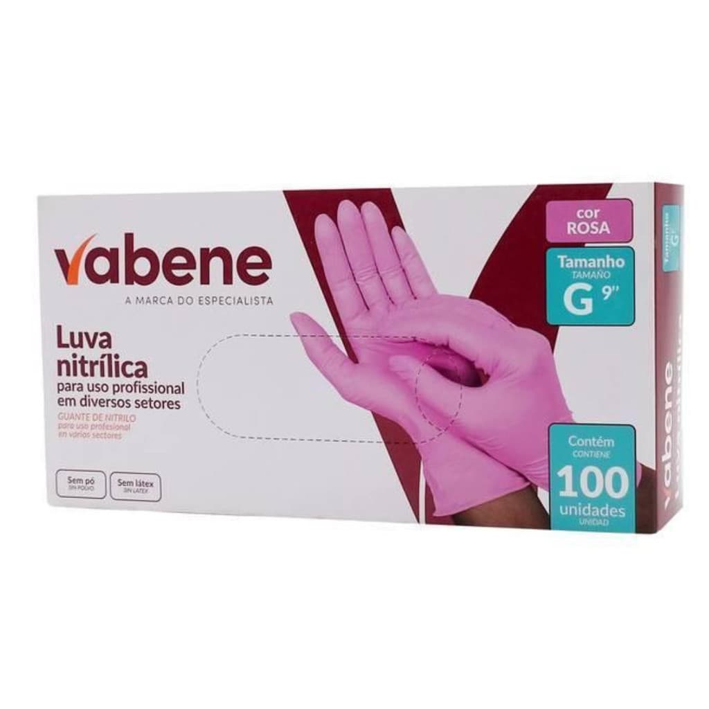 Luva Nitrílica Descartável Rosa Tamanho G CX c/ 100un Sem Pó Cozinha Estética Não Cirúrgica Vabene