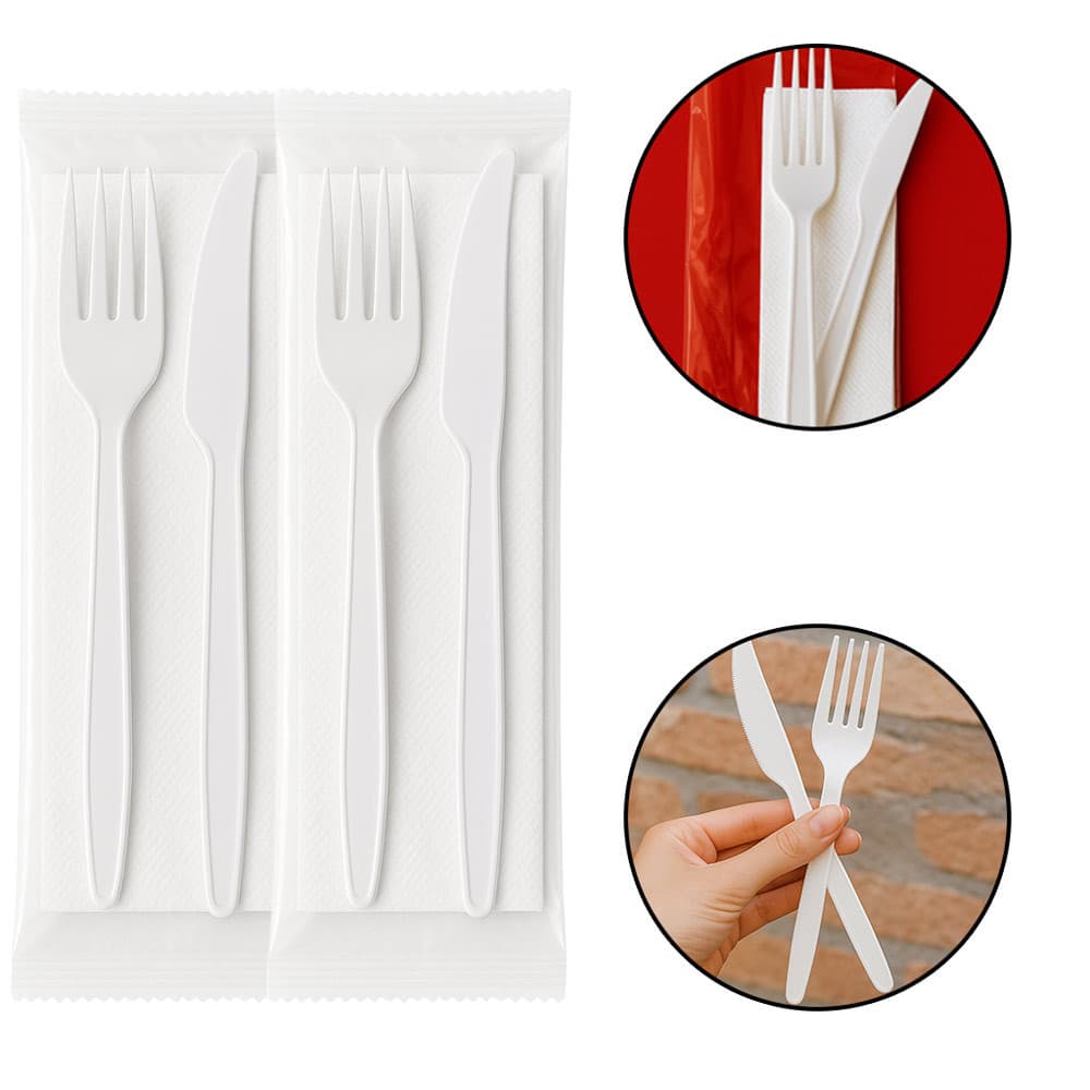 Kit Garfo Faca e Guardanapo Refeição Reforçado Branco 300un
