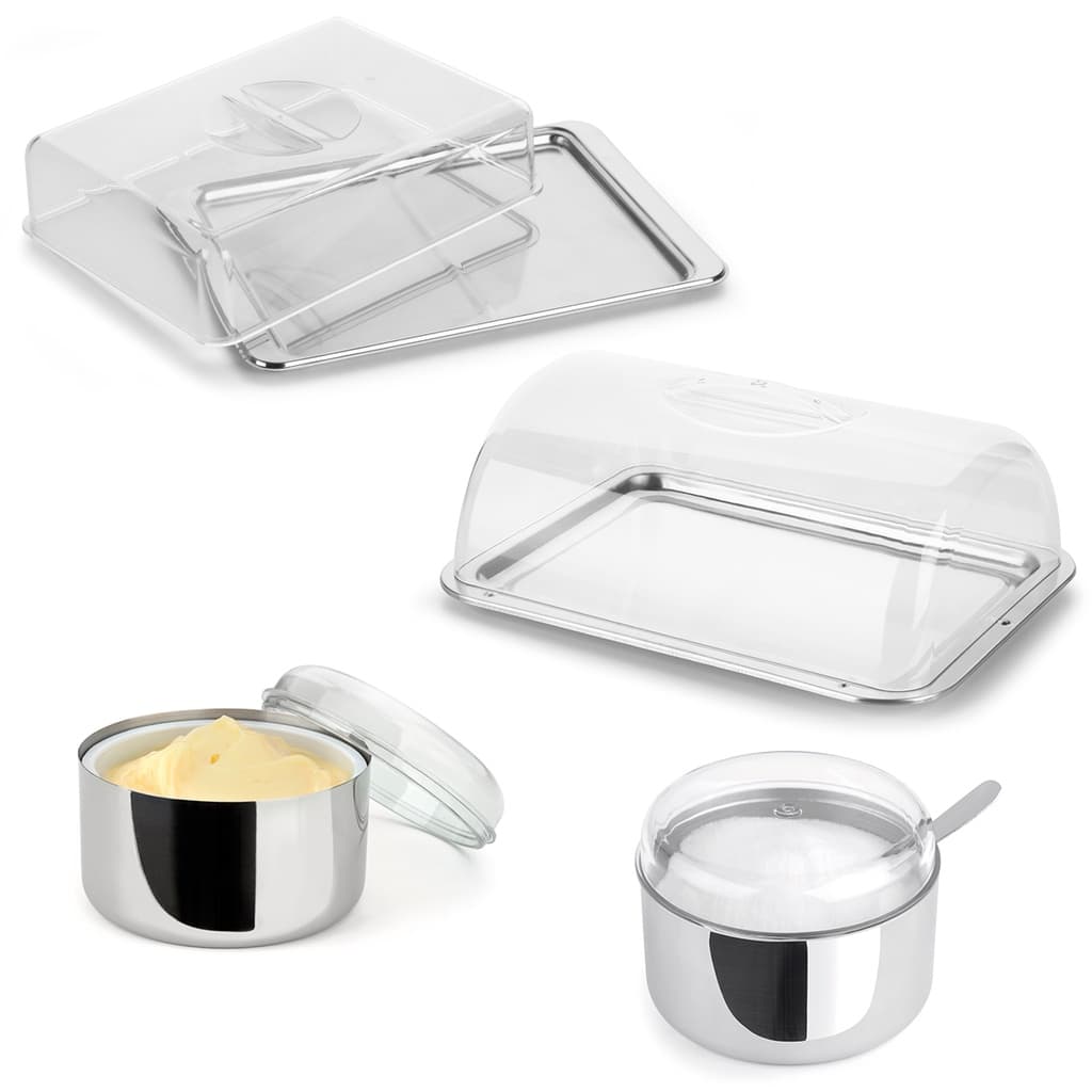 kit 4 pçs Açucareiro Manteigueira Boleira Retangular + Porta Frios Bandeja Inox Kit Café da Manhã Chá da Tarde Churrasco