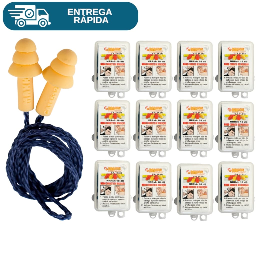 Kit 20 Protetor Auricular Auditivo Plug Silicone 18DB Maxxi Royal C/ Cordão P/ Ouvido Tipo Esportivo