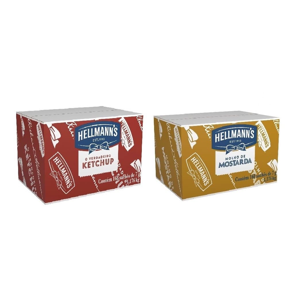 1 Cx Ketchup Catchup + 1 Cx Mostarda Hellmann's Caixa Com 168 Sachês De 7g Cada
