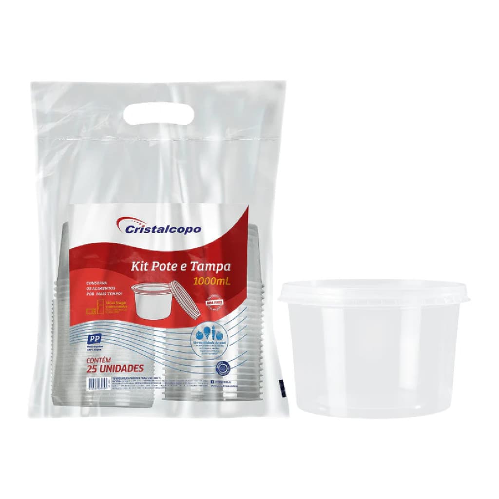 POTE 1000ML PLASTICO DESCARTAVEL COM TAMPA REDONDO PP C/25