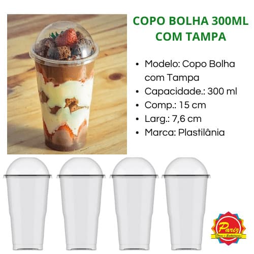 KIT 100 Copo Bolha 300ml PP com Tampa Bolha sem Furo PET Reforçado - Plastilânia