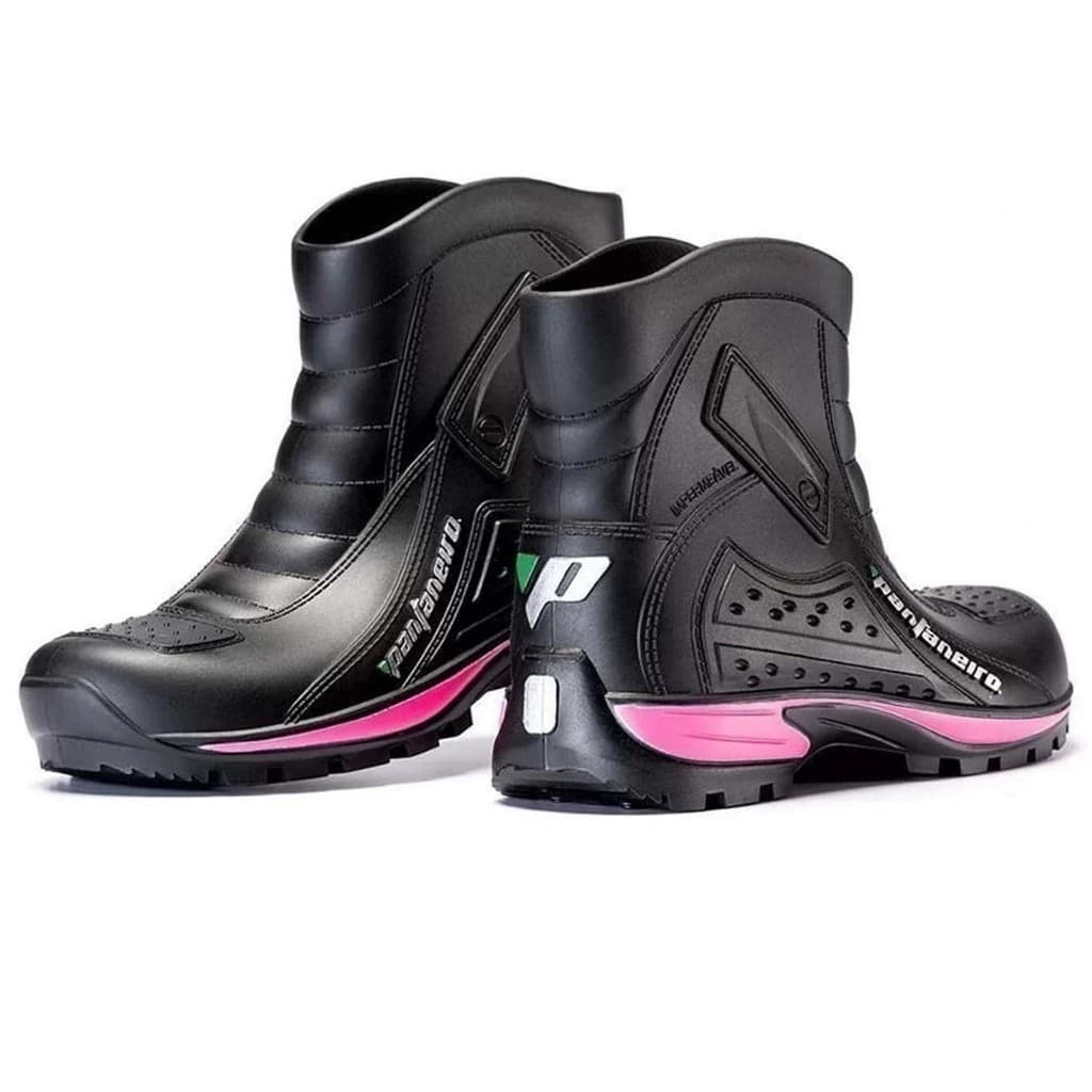 Bota De Pvc Cano Curto Impermeável Preta Com Rosa Pantaneiro