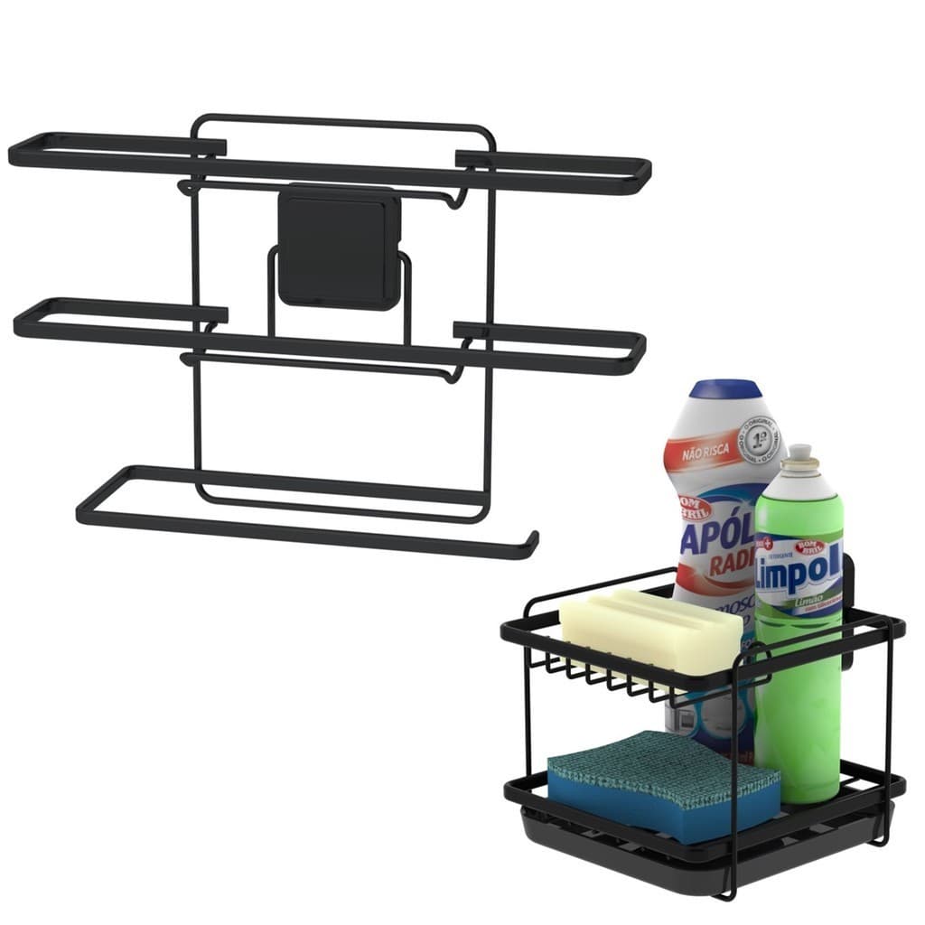 Kit Suporte Rolo Triplo Papel Toalha Alumínio Porta Detergente Esponja Adesivo Cozinha Preto Fosco Future