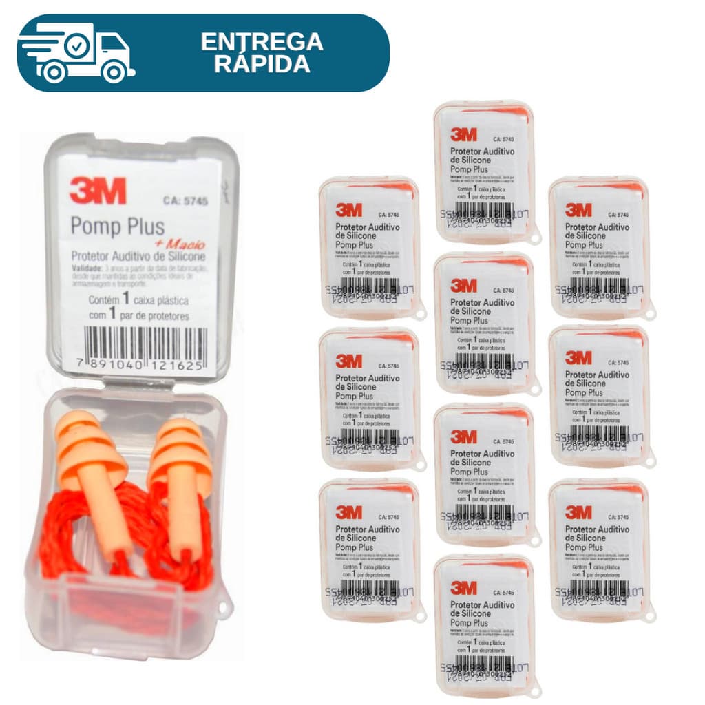 Kit 20 Protetor Auricular Auditivo Plug Silicone Pomp Plus 3M Com Cordão Para Ouvido 19DB Esportivo