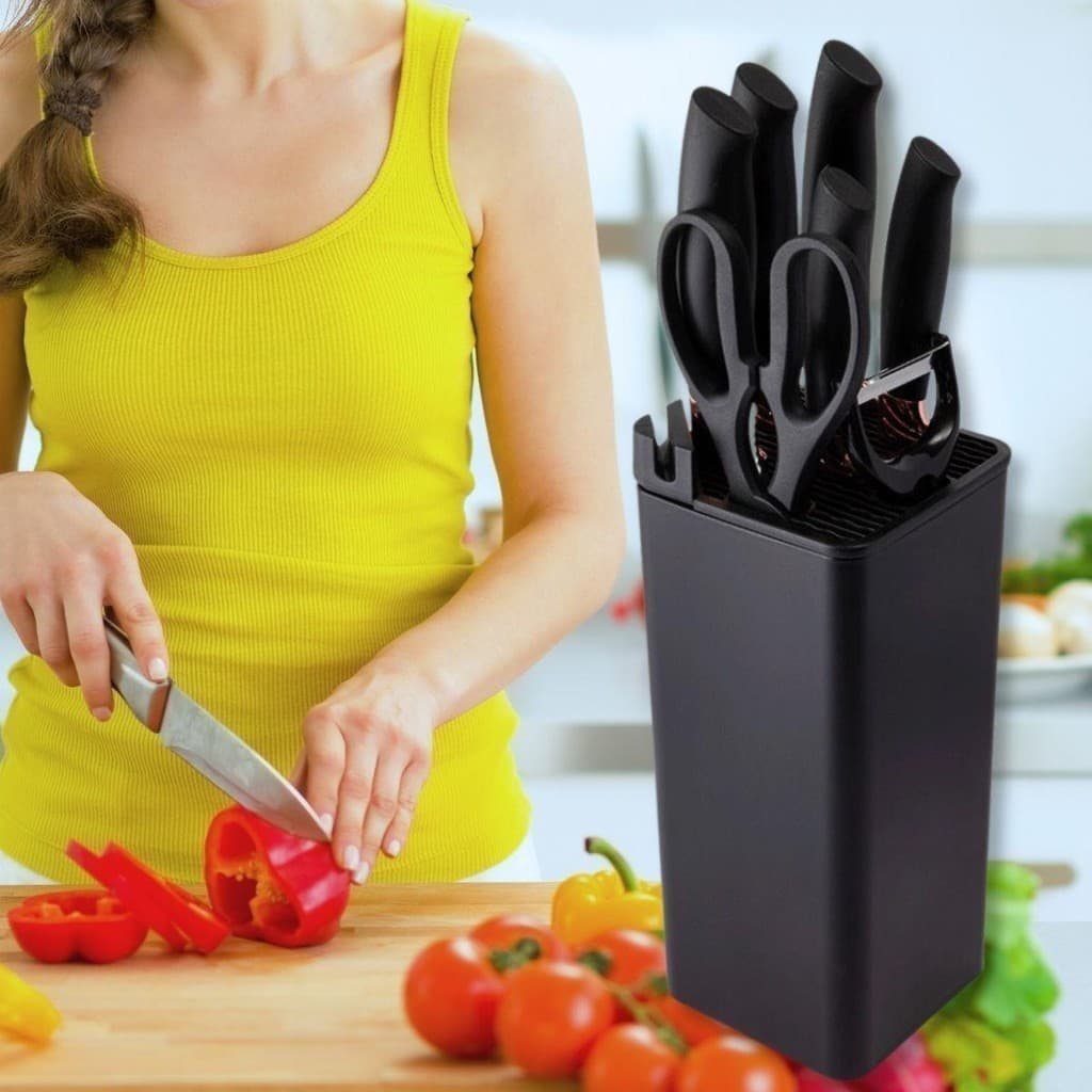 Kit Facas Profissional 8 em 1: Corte Peixe, Carne e Legumes com Precisão de Chef - Cepo e Afiador Integrado - Aço Inox Inoxidáve - Acompanha Tesoura e Descascador - Perfeito para Todo Tipo de Alimento - CLINK