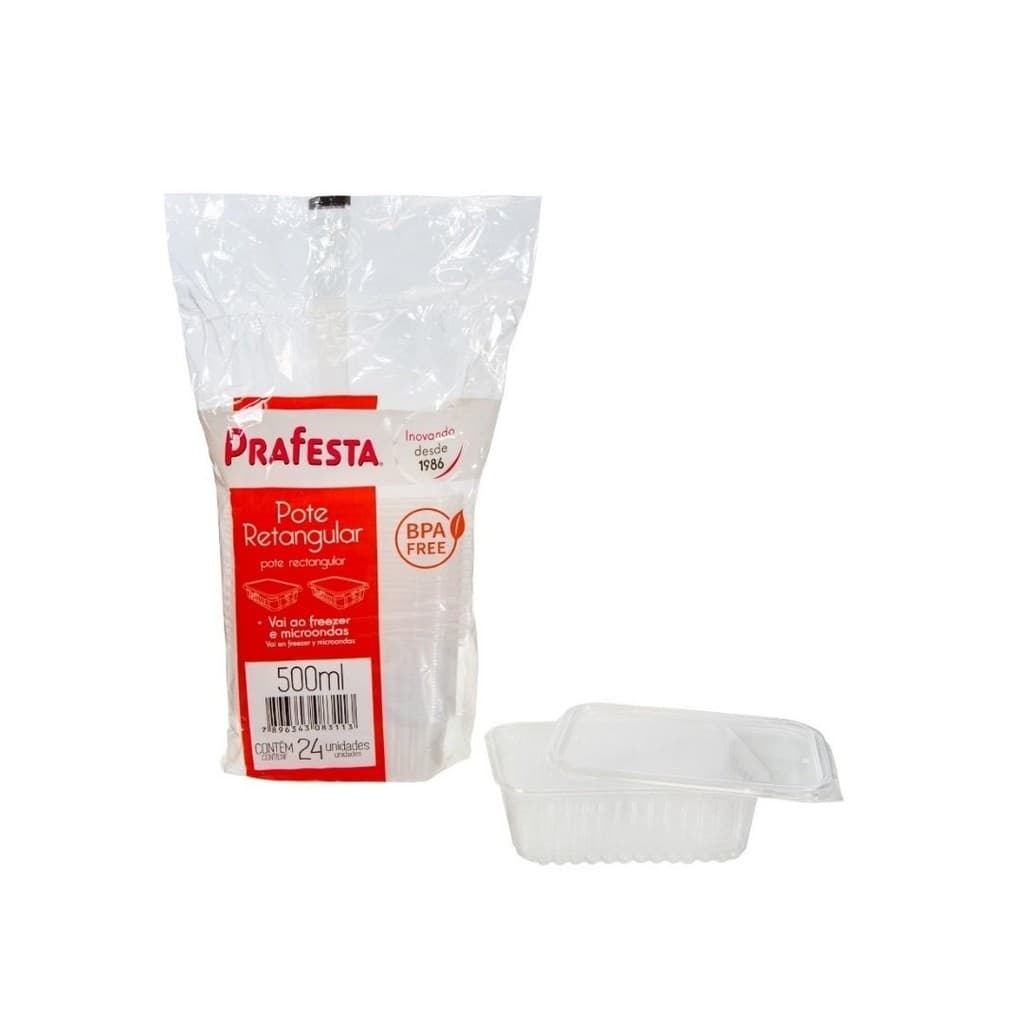 Kit Pote Retangular c/ Tampa 500ml C/3 Pcts 24 Un PraFesta Delivery Marmita