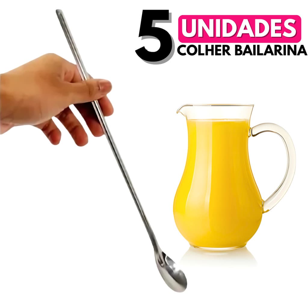 Kit com 5 Unidades Colher Bailarina Inox Premium para Sucos e Drinks 30 cm