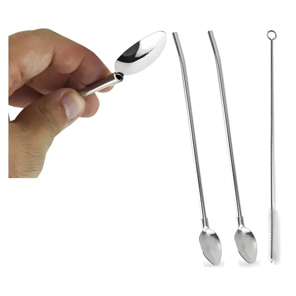 Kit com 2 Canudos Colher 2 em 1 Reutilizáveis de Aço Inox com Escova para Sucos Drinks e Vitaminas