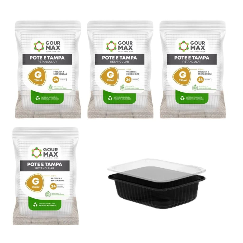 Kit Potes Preto C/ 96un 750ml Descartável Marmita  Fitness Freezer Microondas Delivery