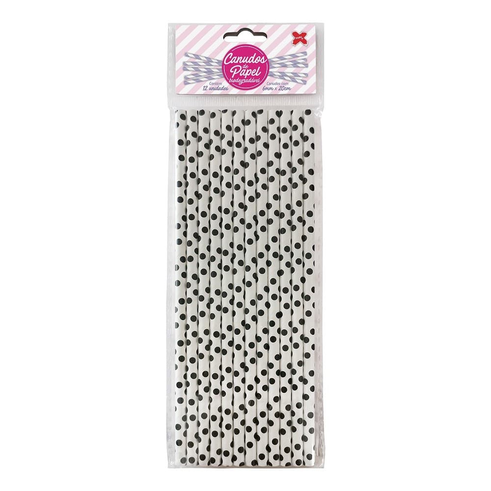 Canudo de Papel Branco com Poá Preto 6mmx200mm - 4348 - 12 unidades