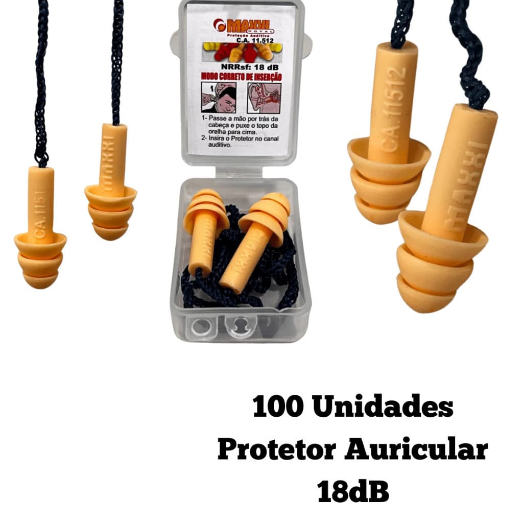 Kit 100 Protetor Auricular Silicone Plug 18db com Cordão Grau Farmacêutico Maxxi Royal