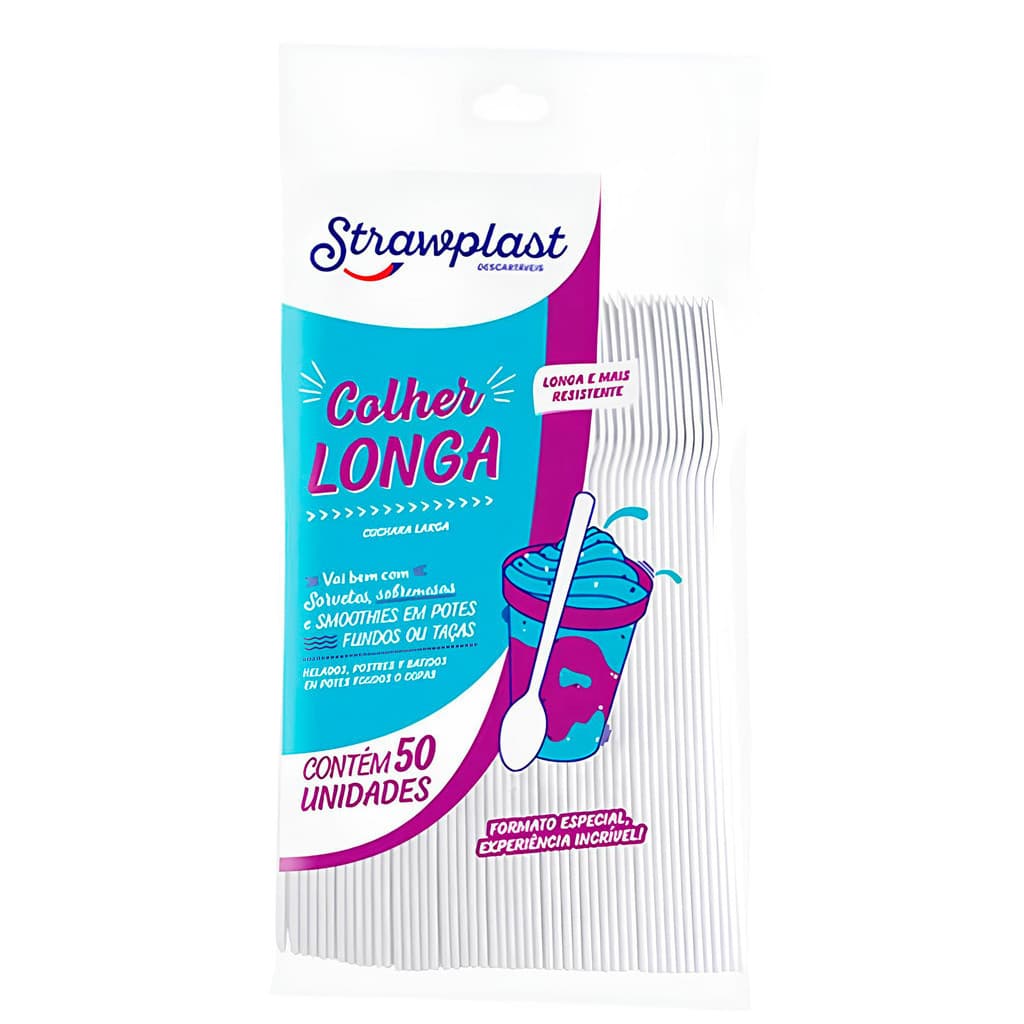 Colher Longa Branca Strawplast C/50 Cod 732 - Cx C/10un
