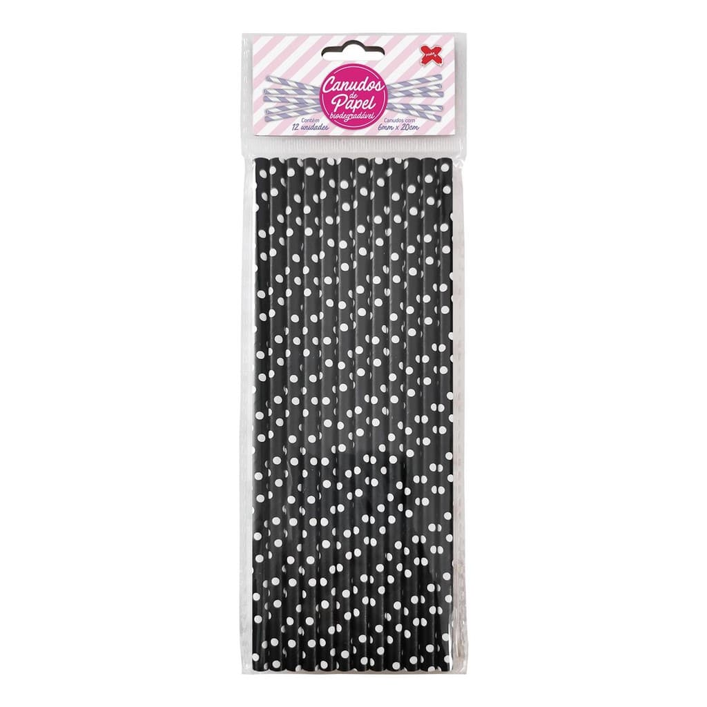 Canudo de Papel Poá Branco C/ Preto 6mmx200mm - 4347 - 12 unidades
