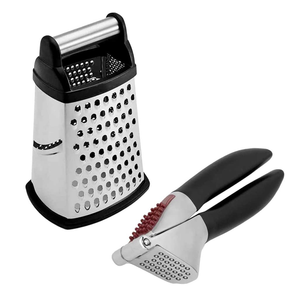 Conjunto Ralador 4 Faces Aço Inox e Espremedor de Alho Liga de Zinco Profissional Cozinha