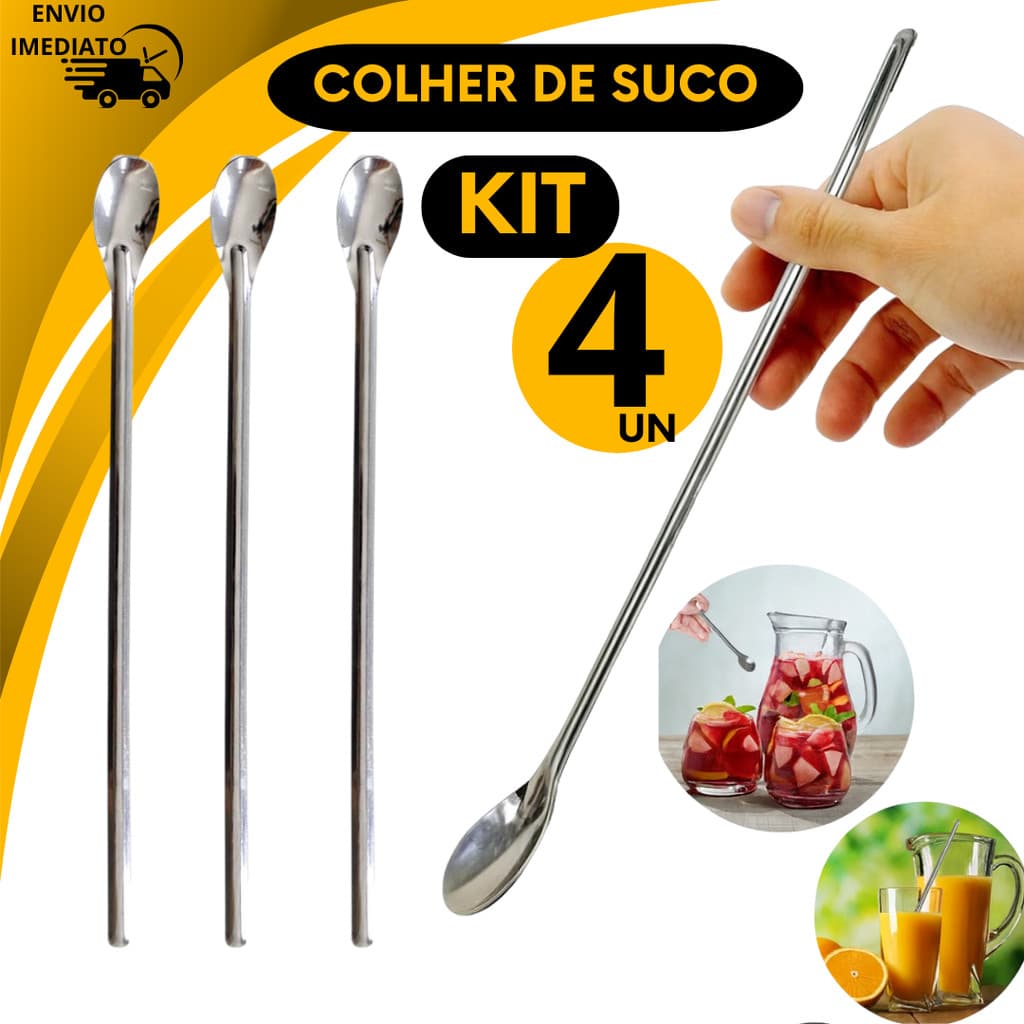 Kit 4 Colher de Suco Bailarina Aço Inox Drinks Bebidas 30 cm Cabo Longo Jarra Drinks Copos Altos