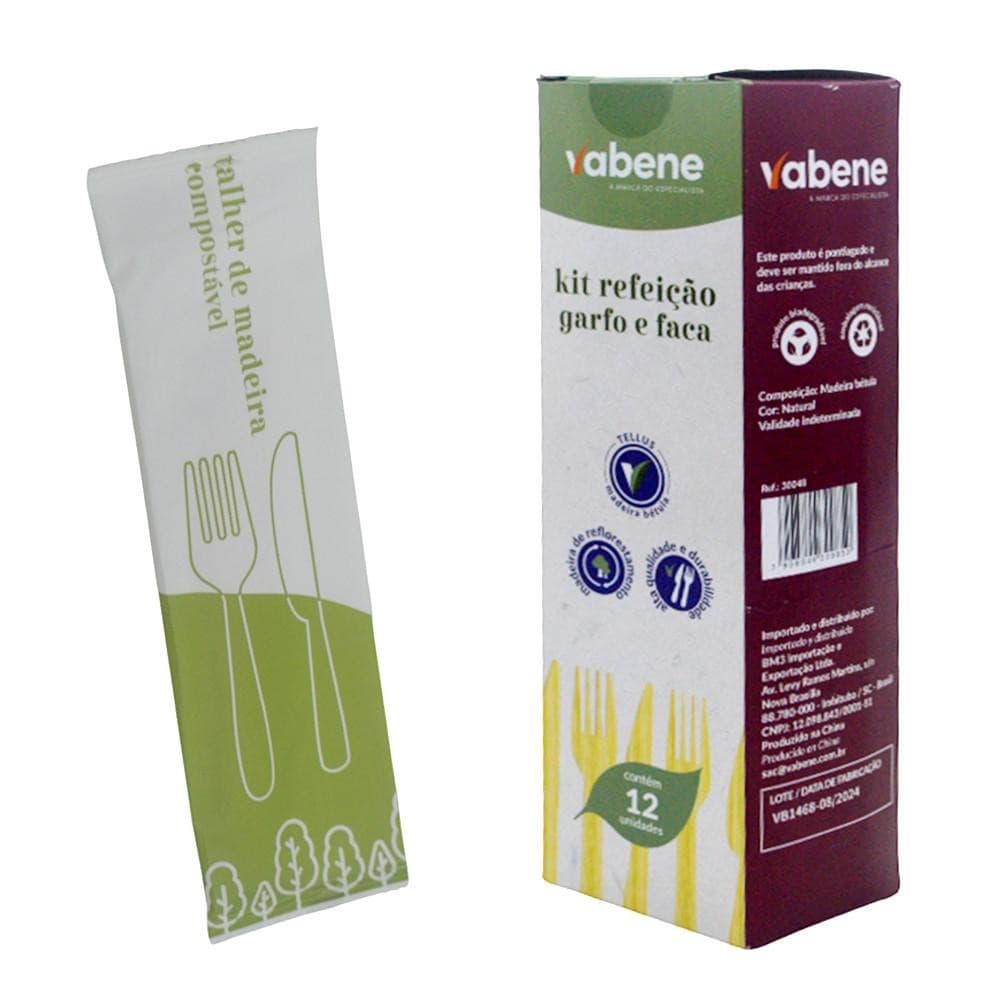 Kit Sachê Garfo e Faca de Madeira P/ Refeição Ref. 30048 Vabene (12 kits)