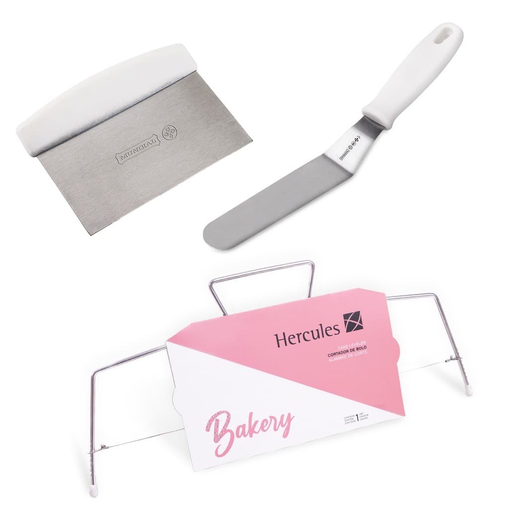 Kit Nivelador de Bolo com Espátula Confeiteiro 20 cm e Raspador Inox Mundial Hercules