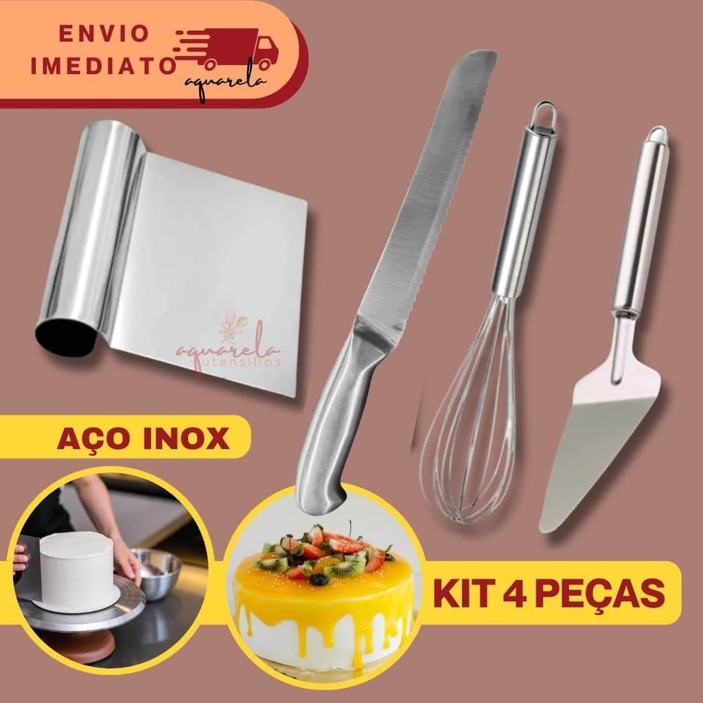 Kit Confeiteiro Em Inox 1 Espátula Tubular Raspador 1 Faca de Bolo 1 Espátula Para Bolo Torta 1 Fuê Batedor Profissional