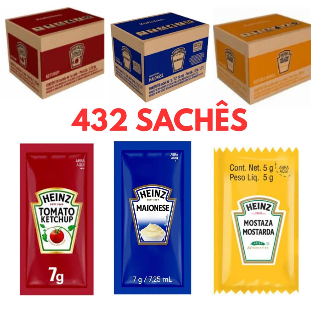 Maionese Ketchup e Mostarda Heinz Combo 3 Caixas 432 Saches