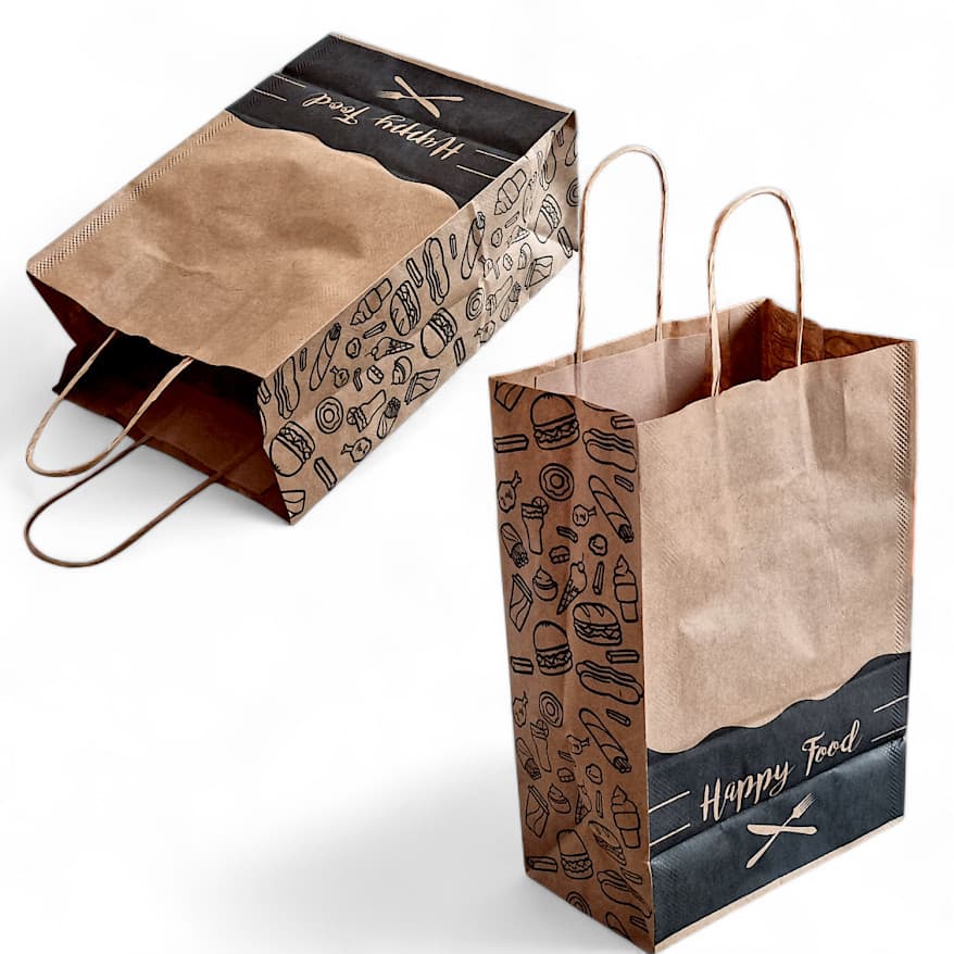 Kit 300 Sacolas Kraft 18x28x11 com Alça Torcida 'Happy Food' - Perfeitas para Delivery de Lanches e Refeições"