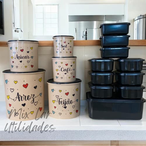 Kit potes mantimentos cozinha 5 peças plástico + 10 potes herméticos
