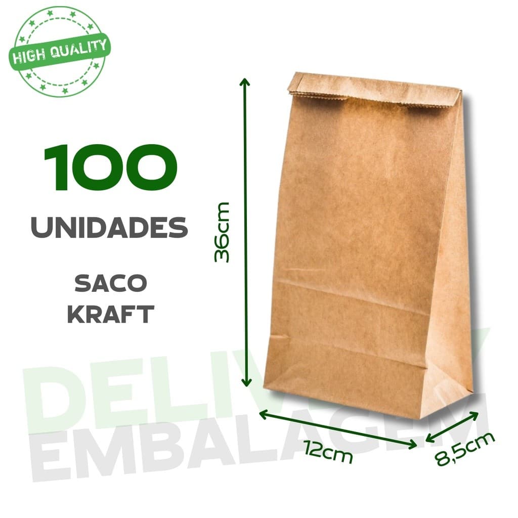 Saco Kraft 100un Para Delivery Embalagens Para Entregas 12X8,5X36 Liso