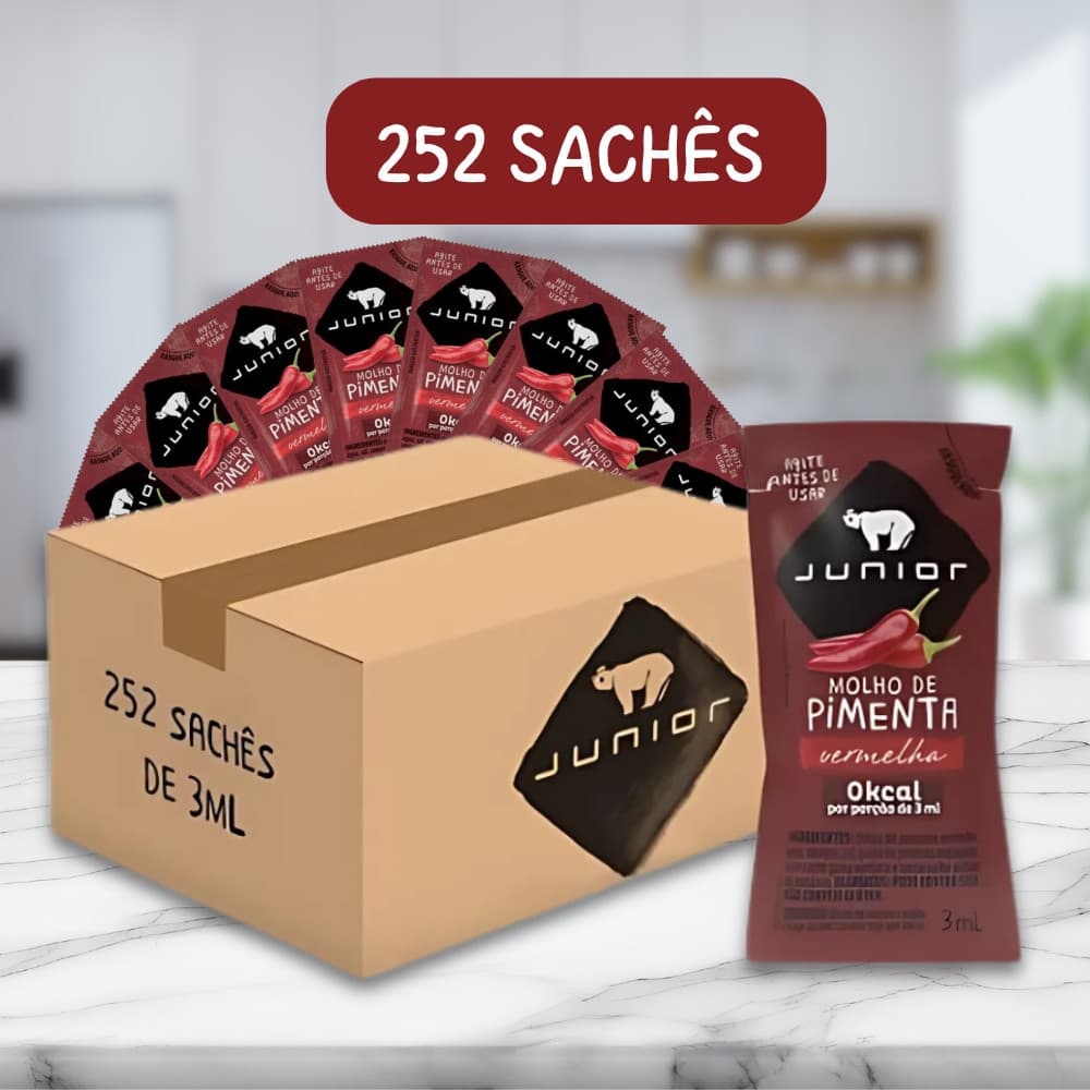 Molho De Pimenta Vermelha Tradicional Sache Junior 3ml Caixa 252 Unidades Levemente Picante Ardente Carnes Salada Lanche