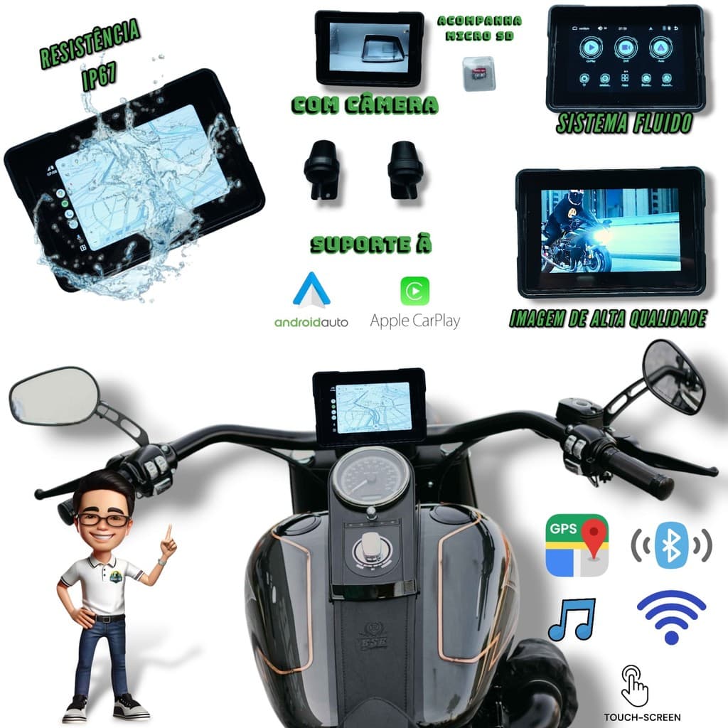 Multimídia Universal Moto 5 Polegadas Ip67 Carplay C/ Camâra