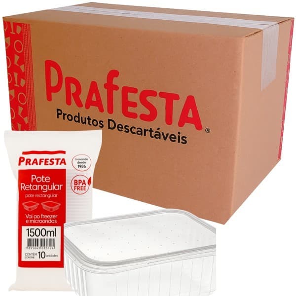 POTE RETANGULAR 1500ML PRAFESTA 12X10 120UNID – POTE DESCARTÁVEL PARA ALIMENTOS, FESTAS E DELIVERY