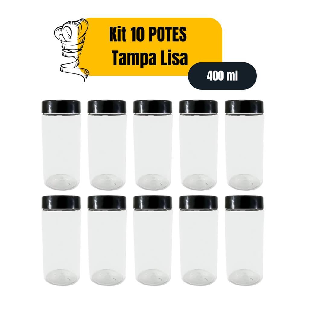 Kit 10 Potes Para Alimentos Redondo Tampa Lisa - 400ml PET
