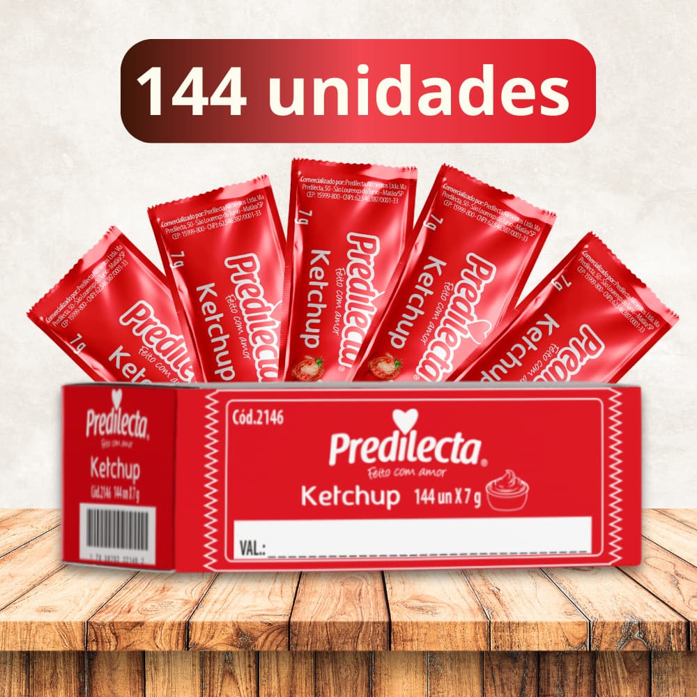 Ketchup Sache Tradicional Predilecta 7g Caixa 144 Unidades Molho Lanches Fritas Padaria Lanchonete Eventos