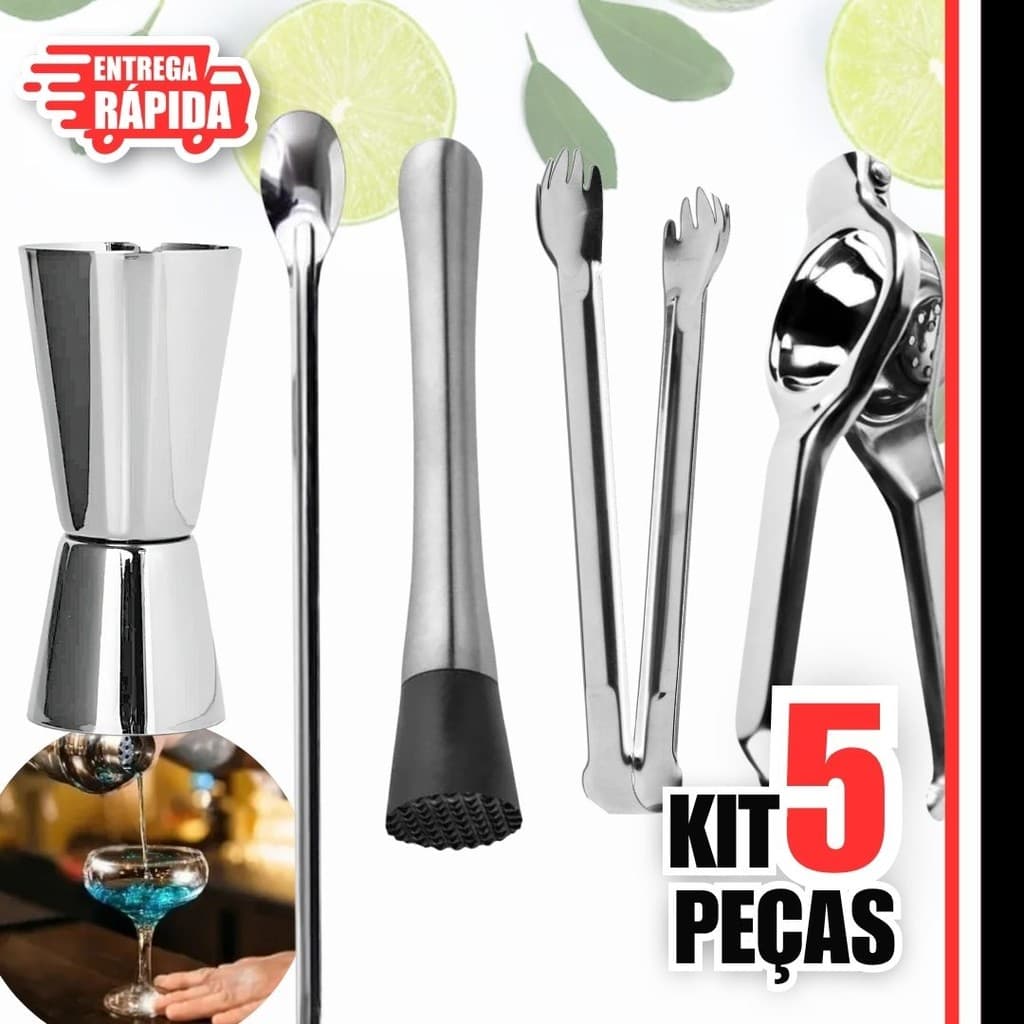 Kit 5 peças de Pegador de gelo, Espremedor, Socador, Colher bailarina 30 cm Dosador duplo Inox