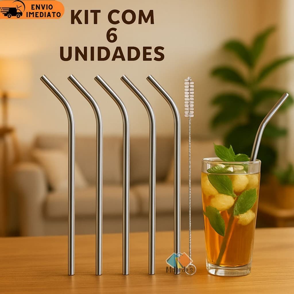 Kit 6 Canudos De Aço Inox Com Escova De Limpeza Reutilizável Ecológico