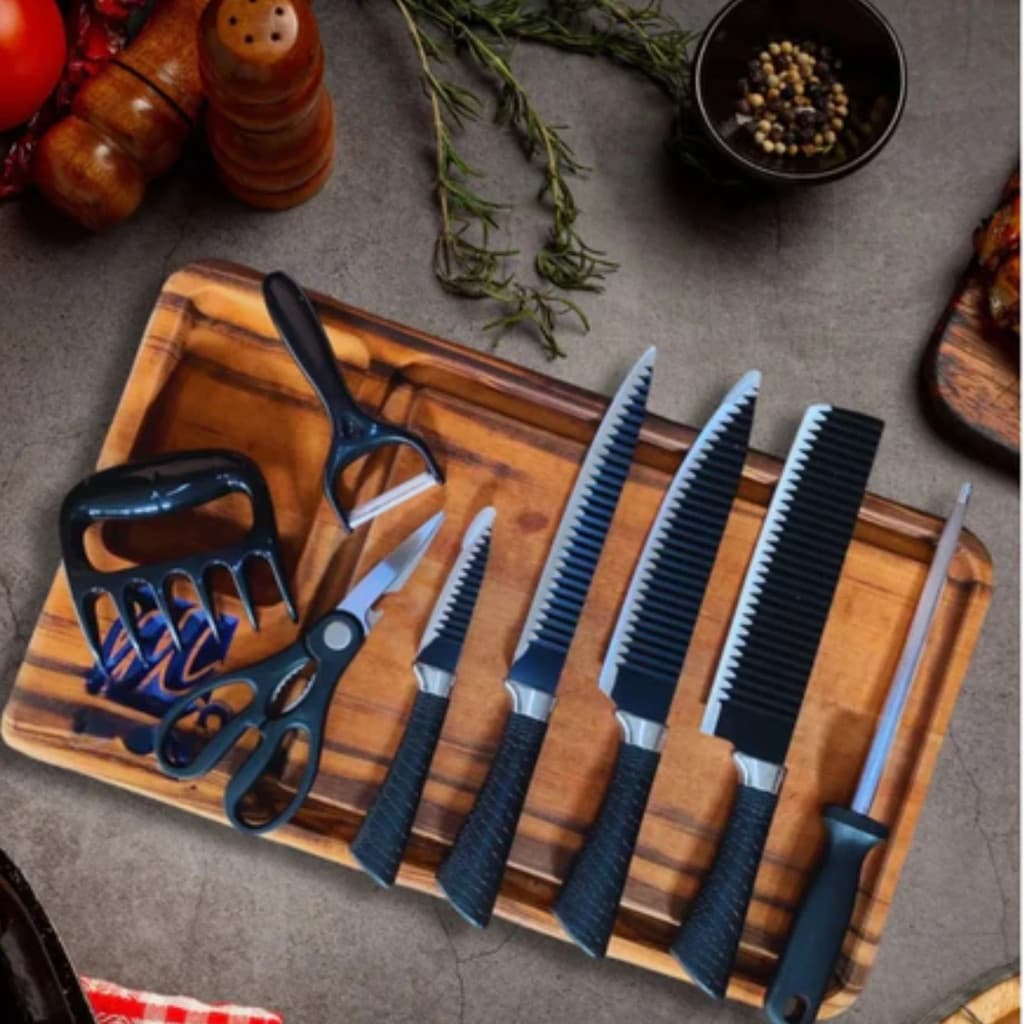 Kit Facas Profissional Cozinha Inox 8 Peças com Chaira e Tesoura