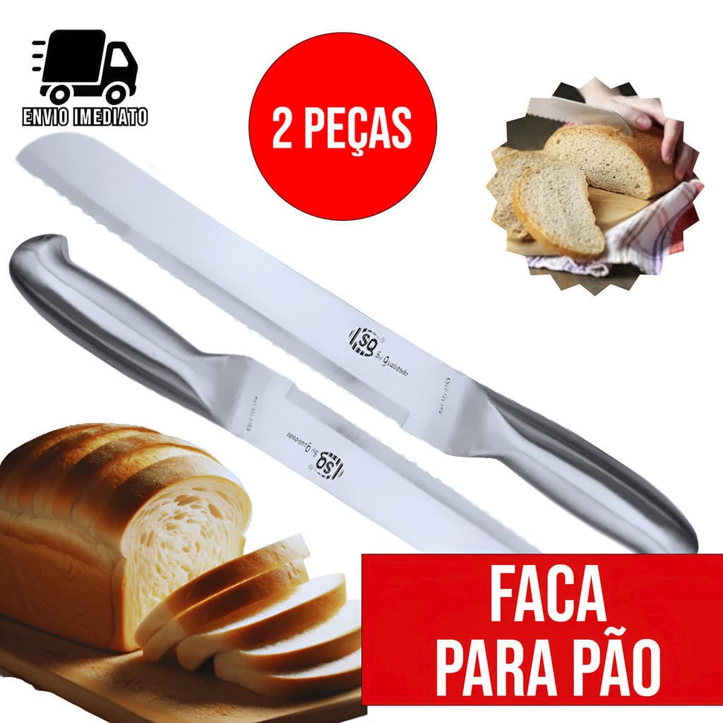 Kit 2 Faca de Pão Profissional Inox 8" Lâmina Serrilhada Chef Confeitaria Cozinha Precisa e Afiada