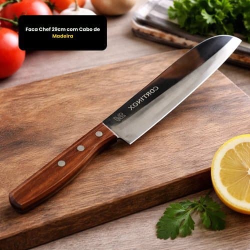 🔥 Faca Chef Profissional 8'' Aço Inox Cabo Madeira Churrasco 29cm
