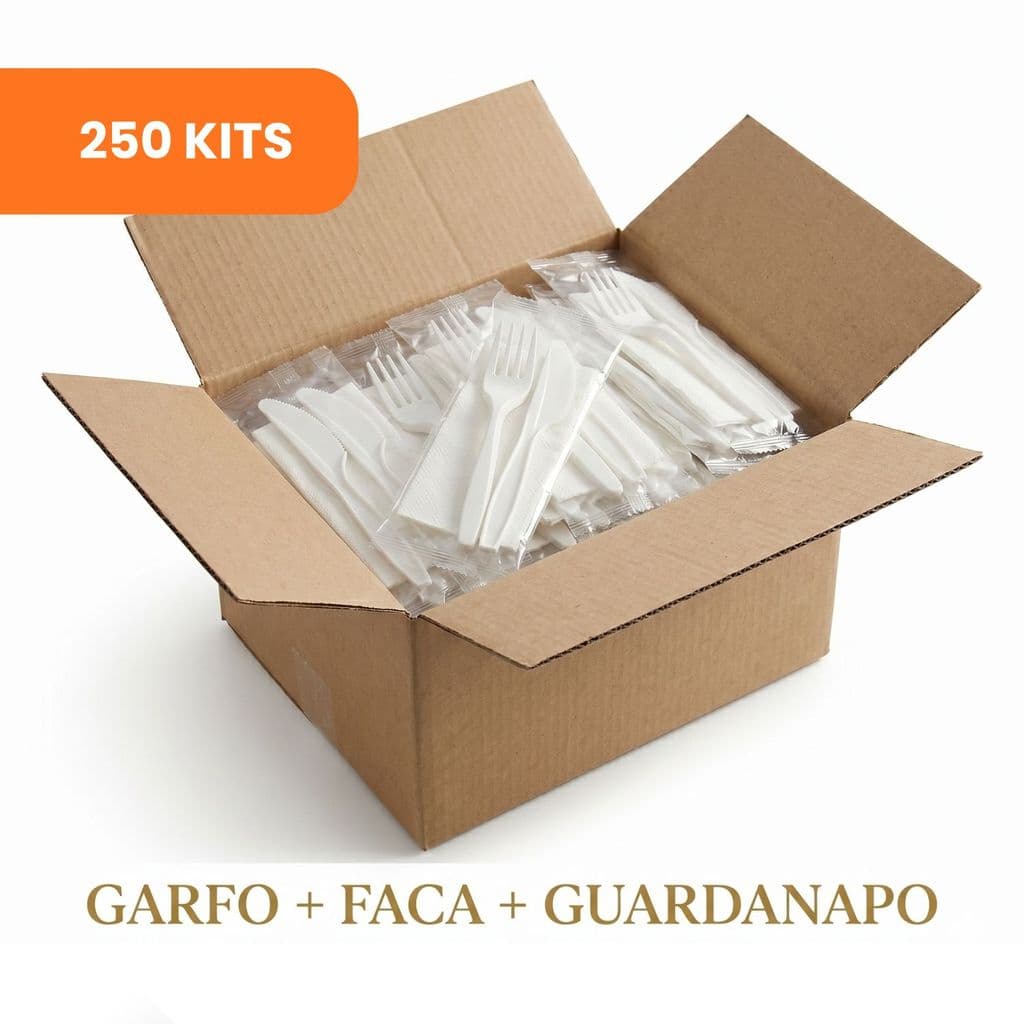 Kit Talher Descartável 250 Unidades Garfo Faca Guardanapo Embalado Sachê  Marmitaria Restaurante Delivery Refeição Lanch