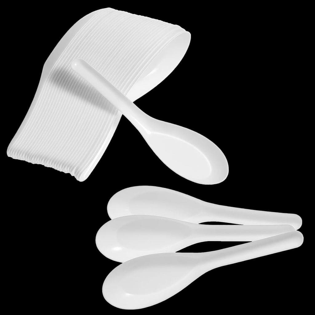 Colheres Plásticas Brancas Descartáveis Pequenas, Pacote com 60 Colheres de Sopa Asiáticas de Plástico Branco com Fundo