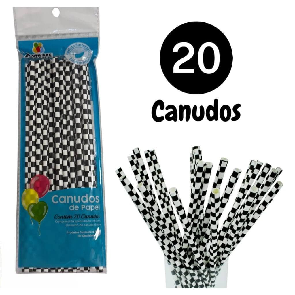 Canudo de Papel Vintage Quadriculado Xadrez Preto e Branco Biodegradável