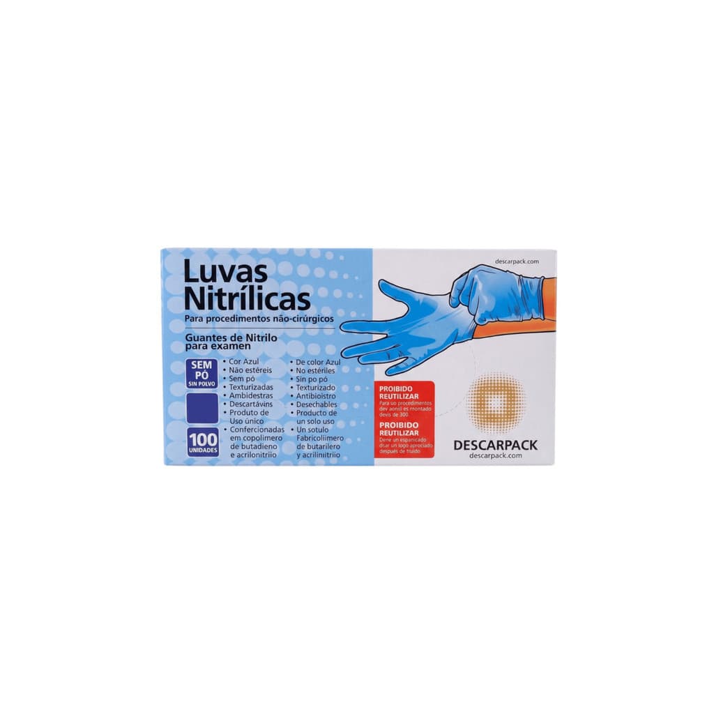 Luva Nitrilica Azul Sem Po | Caixa com 100 Unidades - Tamanho G