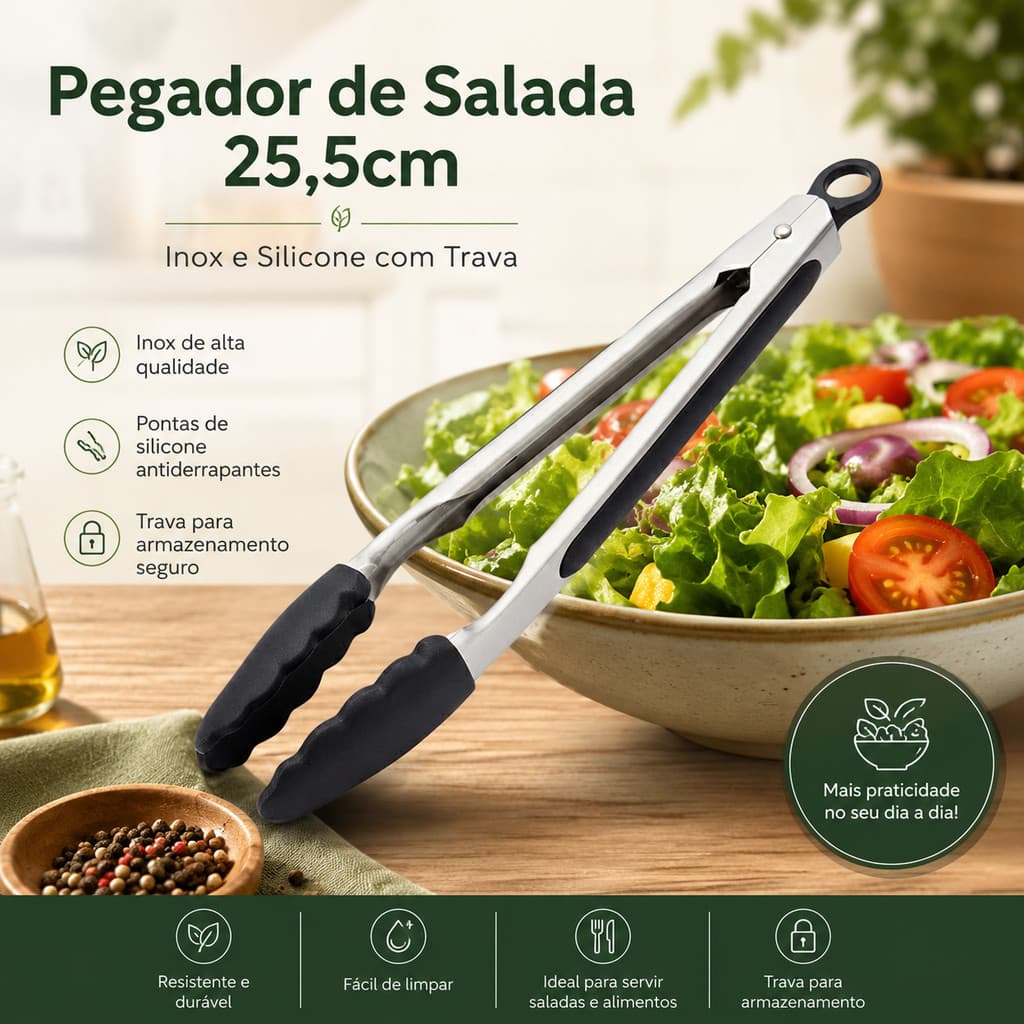 Pegador de Salada 25,5cm Inox e Silicone com Trava / Seguro, Resistente, Prático, Cozinha, Dia a Dia