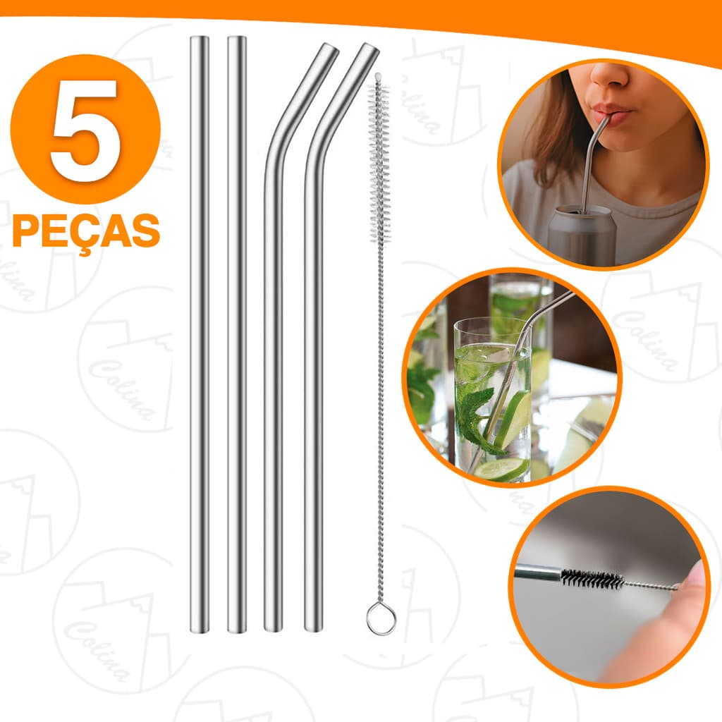 Kit 5 Peças Canudos Reutilizáveis Aço Inox Sustentáveis Ecológico Com Escova De Limpeza