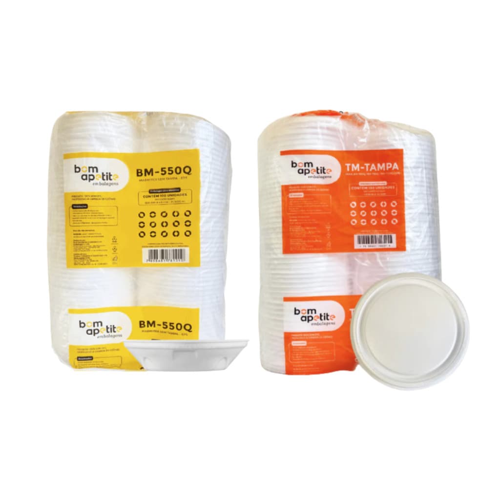 Kit Marmitex Isopor 500ml Bom Apetite com Tampa 100 Unidades