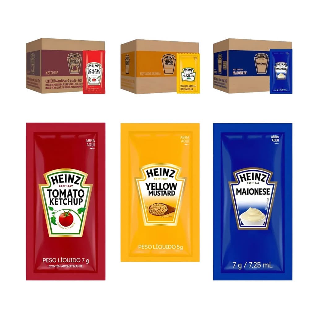 Kit Heinz 3 Caixas Sachês de Ketchup, Maionese e Mostarda