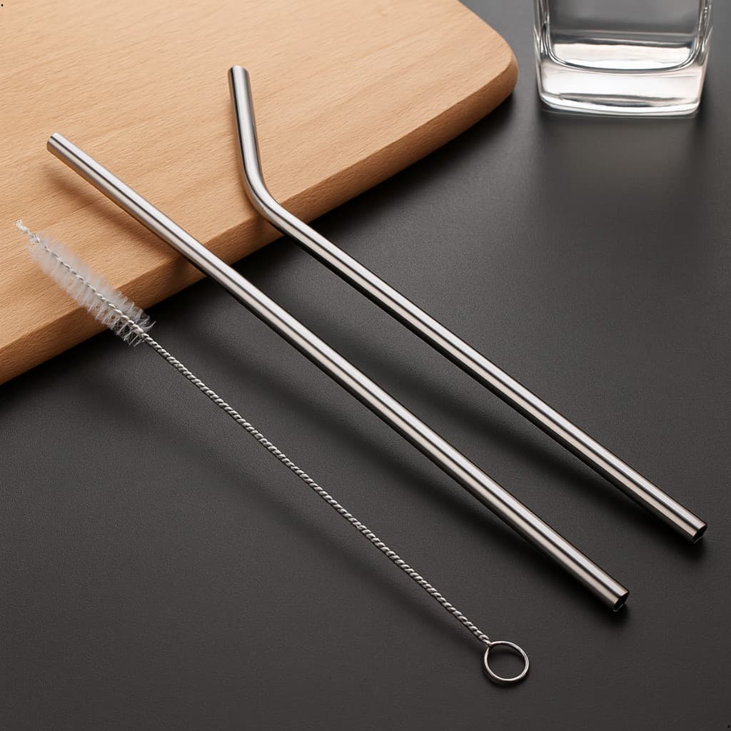 Kit Canudos de Aço Inox Reto e Curvo com Escova de Limpeza - Lavável, Reutilizável e Ecológico