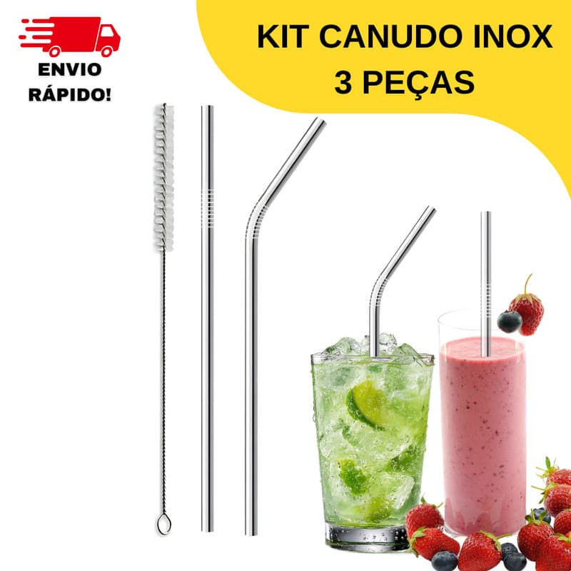 KIT CANUDO INOX COM ESCOVA DE LIMPEZA 21CM JOGO REUTILIZAVEL SUSTENTAVEL