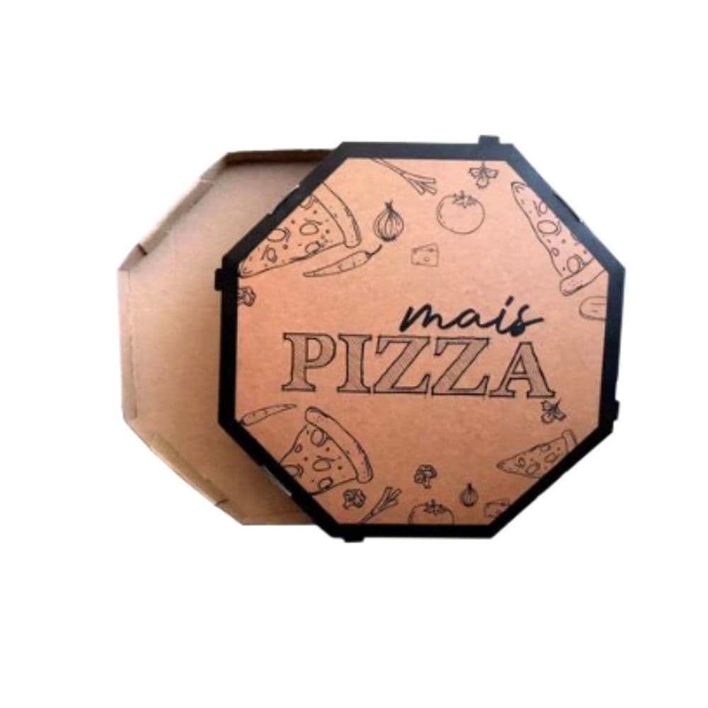 10 Embalagem Pizza 35cm Caixa Oitavada Papel Kraft Impressa "Mais Pizza" para Doces Esfiha Salgados