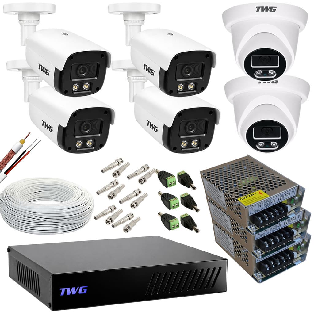 KIT CFTV 4 BULLETS 2 DOME 2MP 20M IMAGENS NOTURNAS COLORIDAS DVR 8 CANAIS COM HD